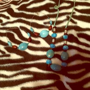Handmade Turquoise and brown earrings w/ necklace
